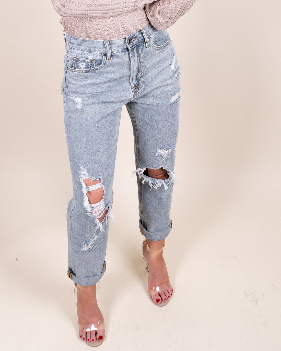 Daya High Rise Distressed Girlfriend Denim