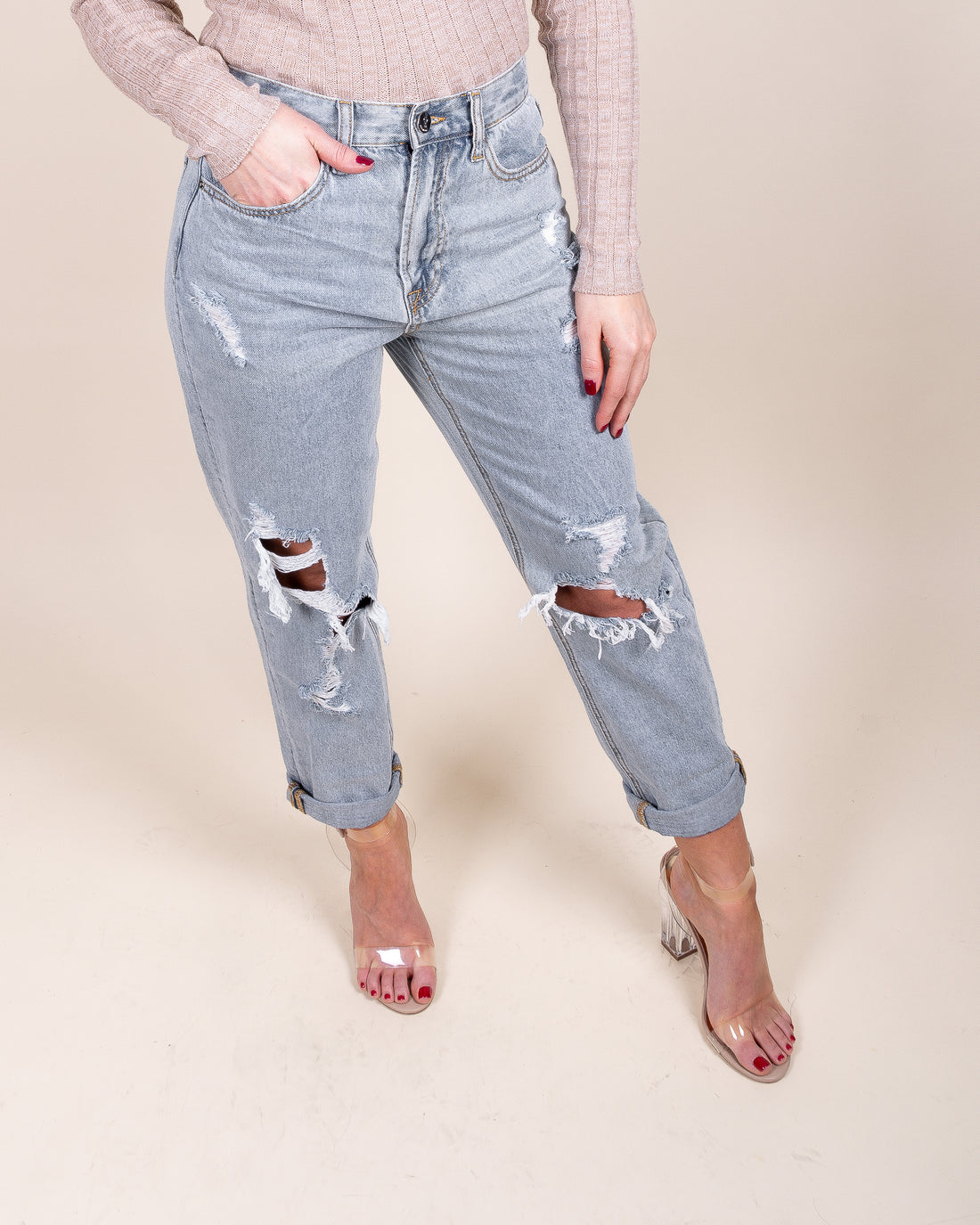 Daya High Rise Distressed Girlfriend Denim