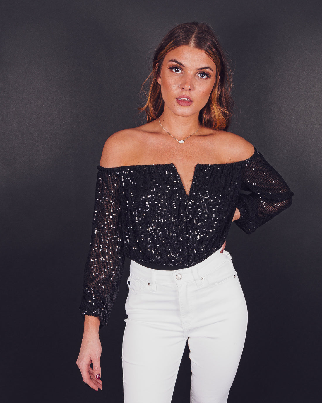 The Party Goes On Off The Shoulder Sequins Bodysuit