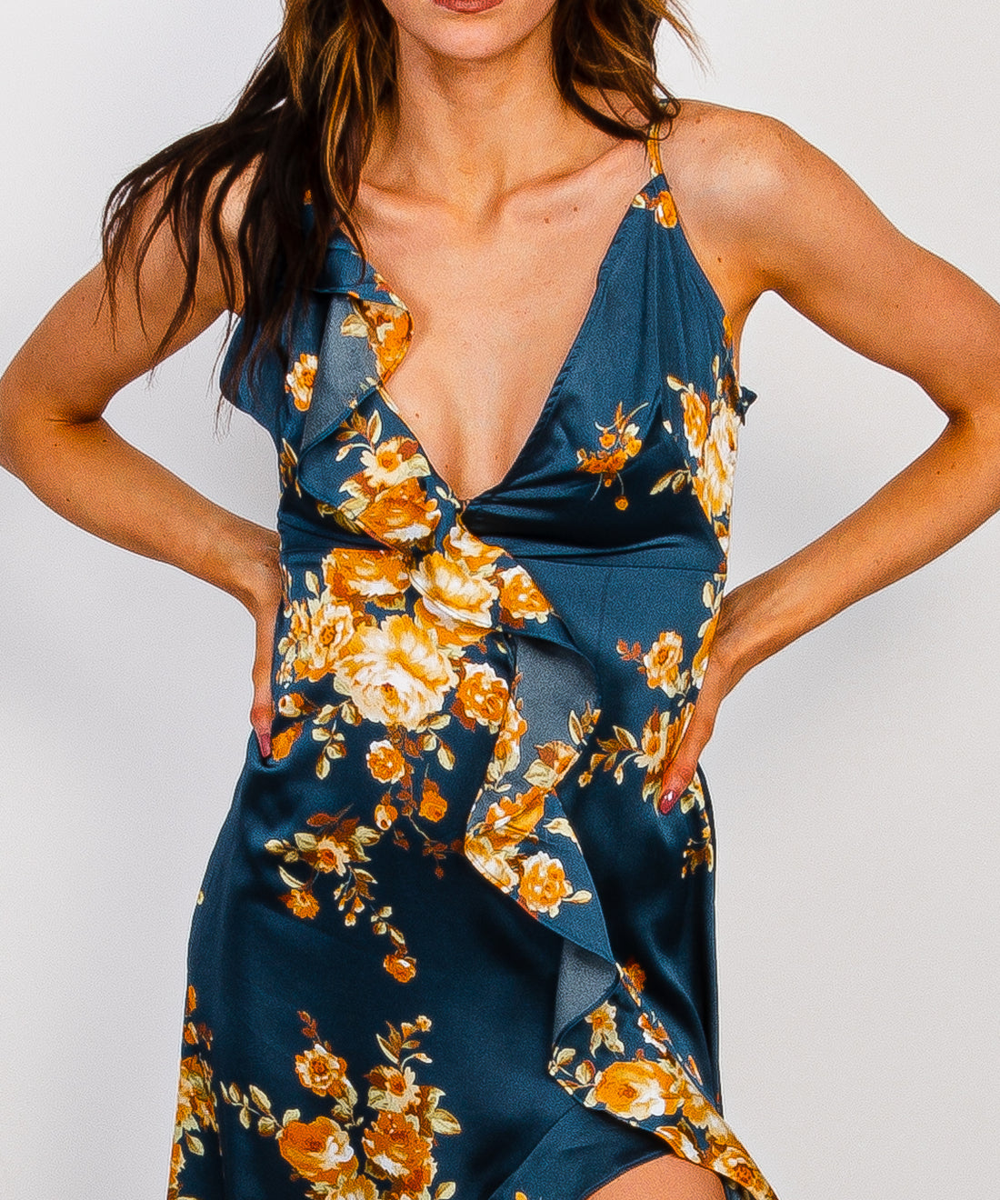 Something About You Satin Floral Ruffle Maxi Dress
