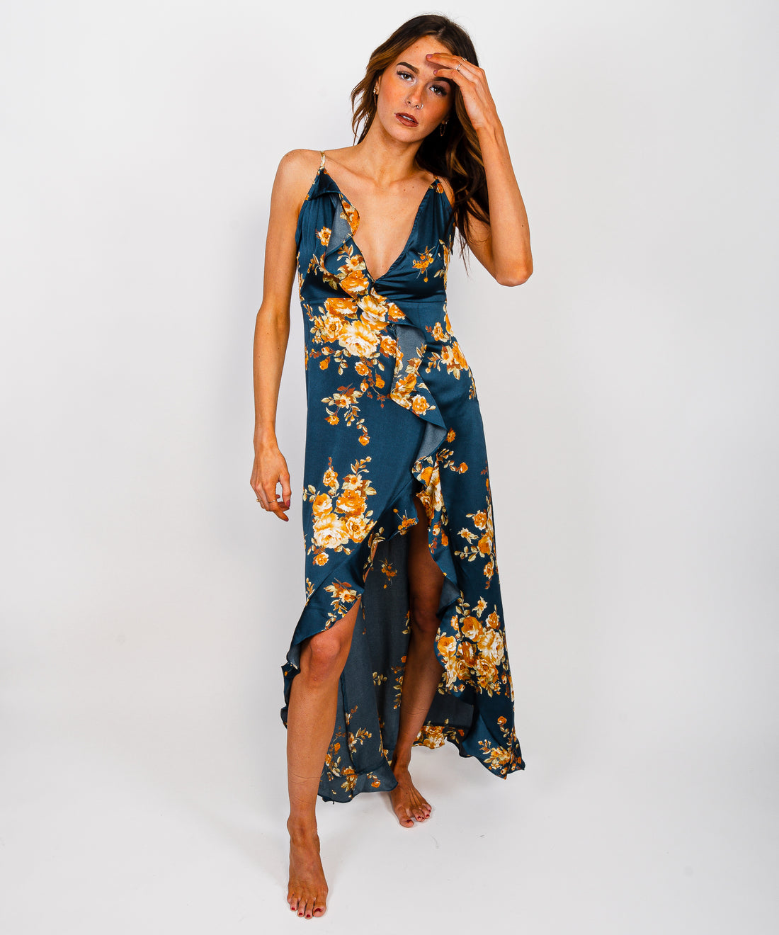 Something About You Satin Floral Ruffle Maxi Dress