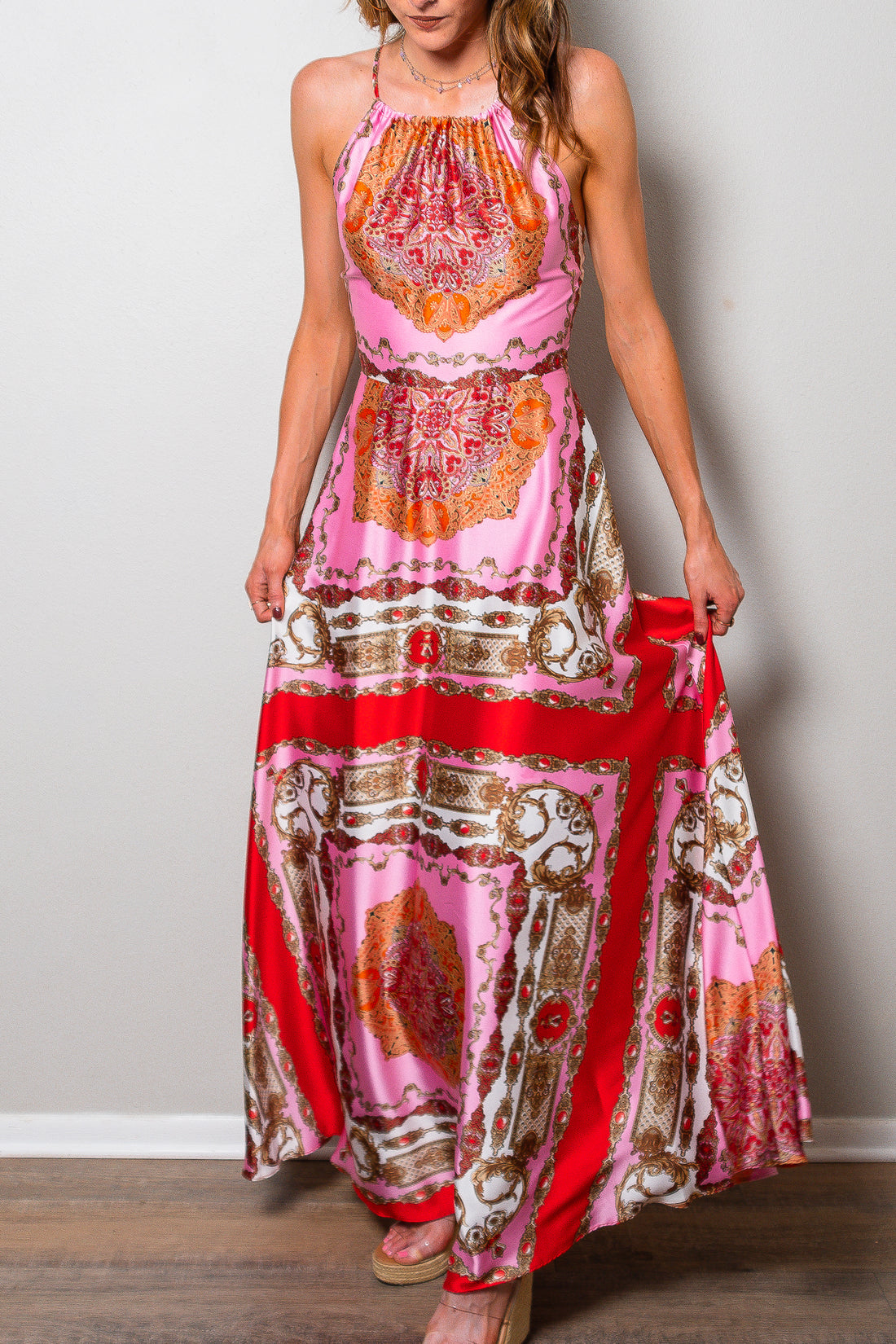 Santorini Nights Printed Satin Maxi Dress