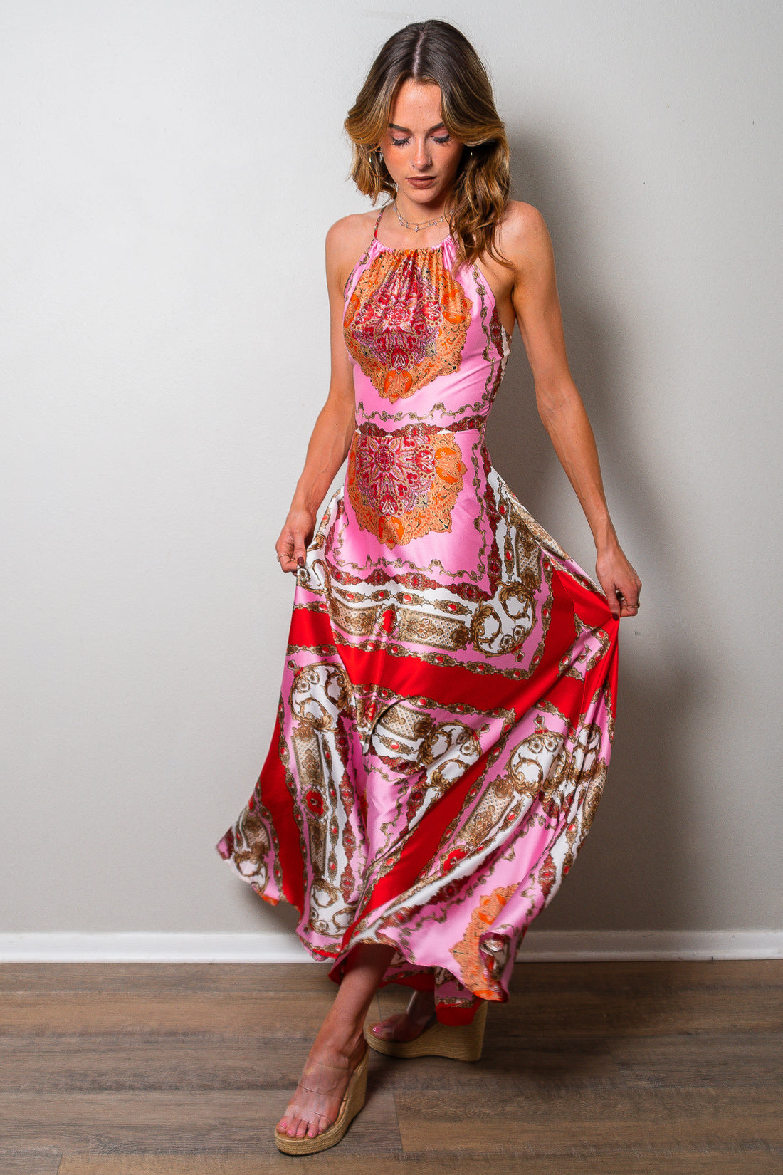 Santorini Nights Printed Satin Maxi Dress