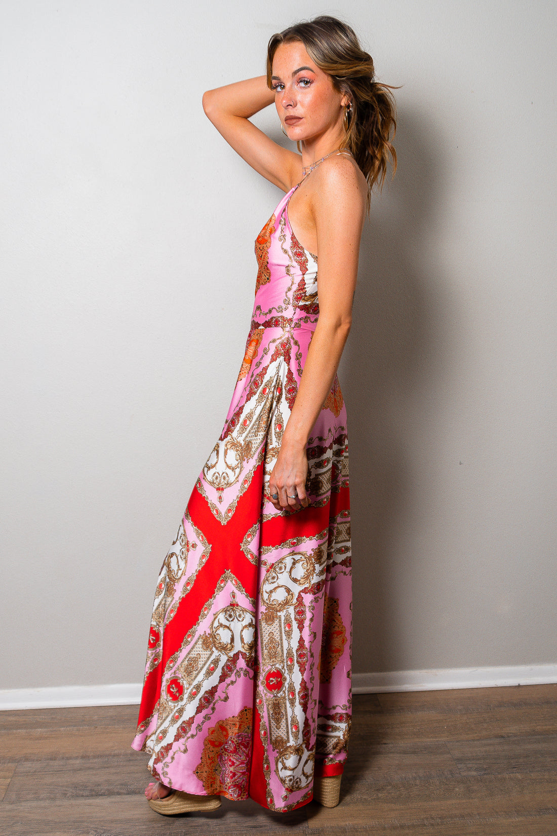 Santorini Nights Printed Satin Maxi Dress