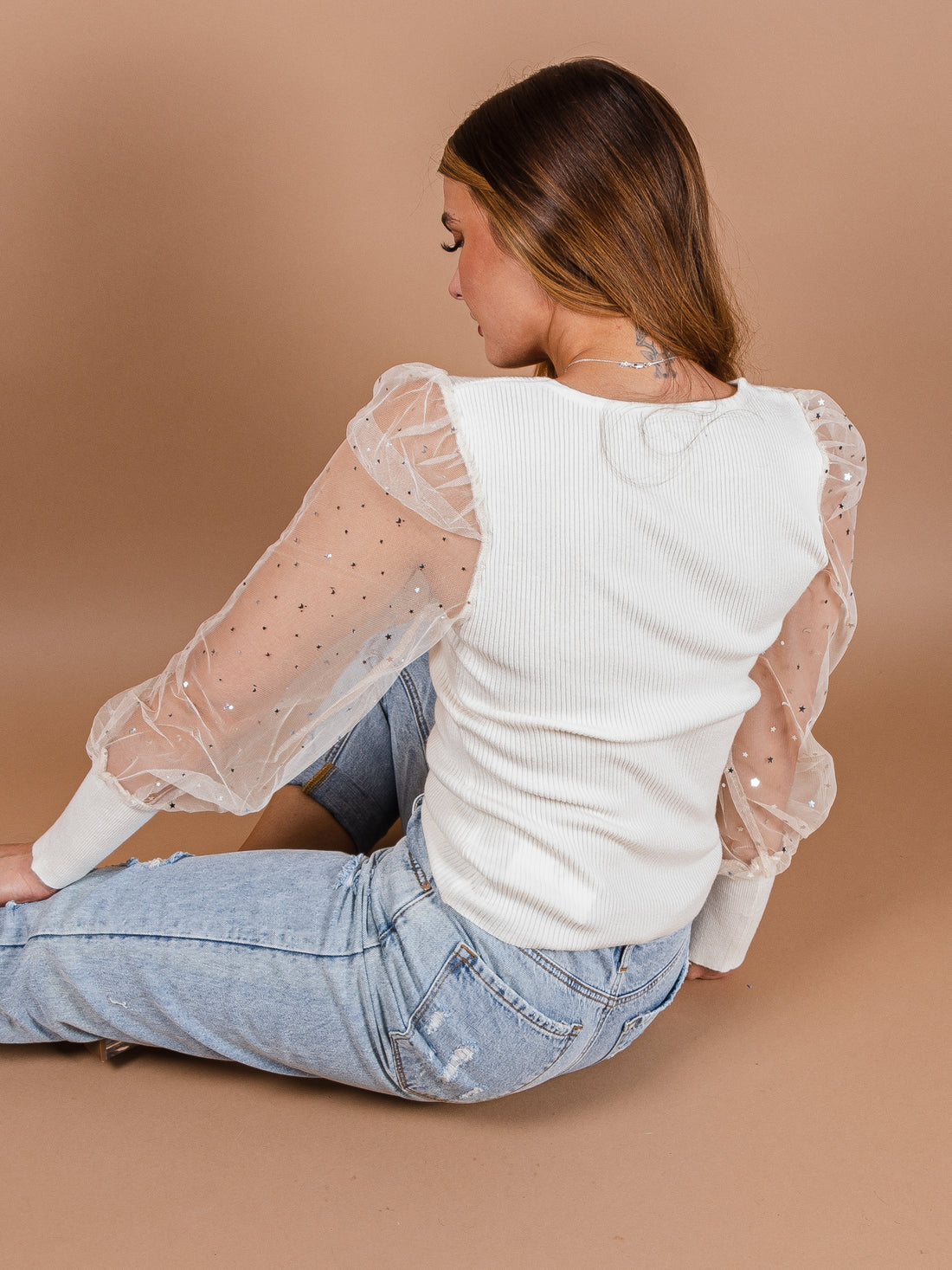 Wish For You Star Detail Sheer Long Sleeve Top